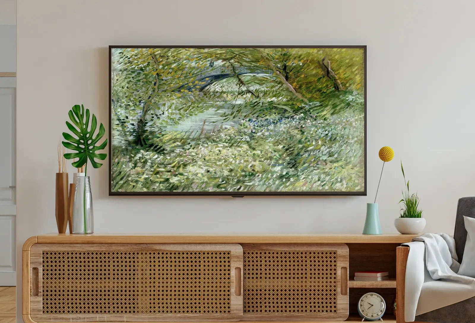Detail view of artwork from Samsung Frame TV Art 4K River Bank in Springtime Famous Painting by Vincent van Gogh. Instant Download van Gogh Landscape for the Frame TV. (variation 1)