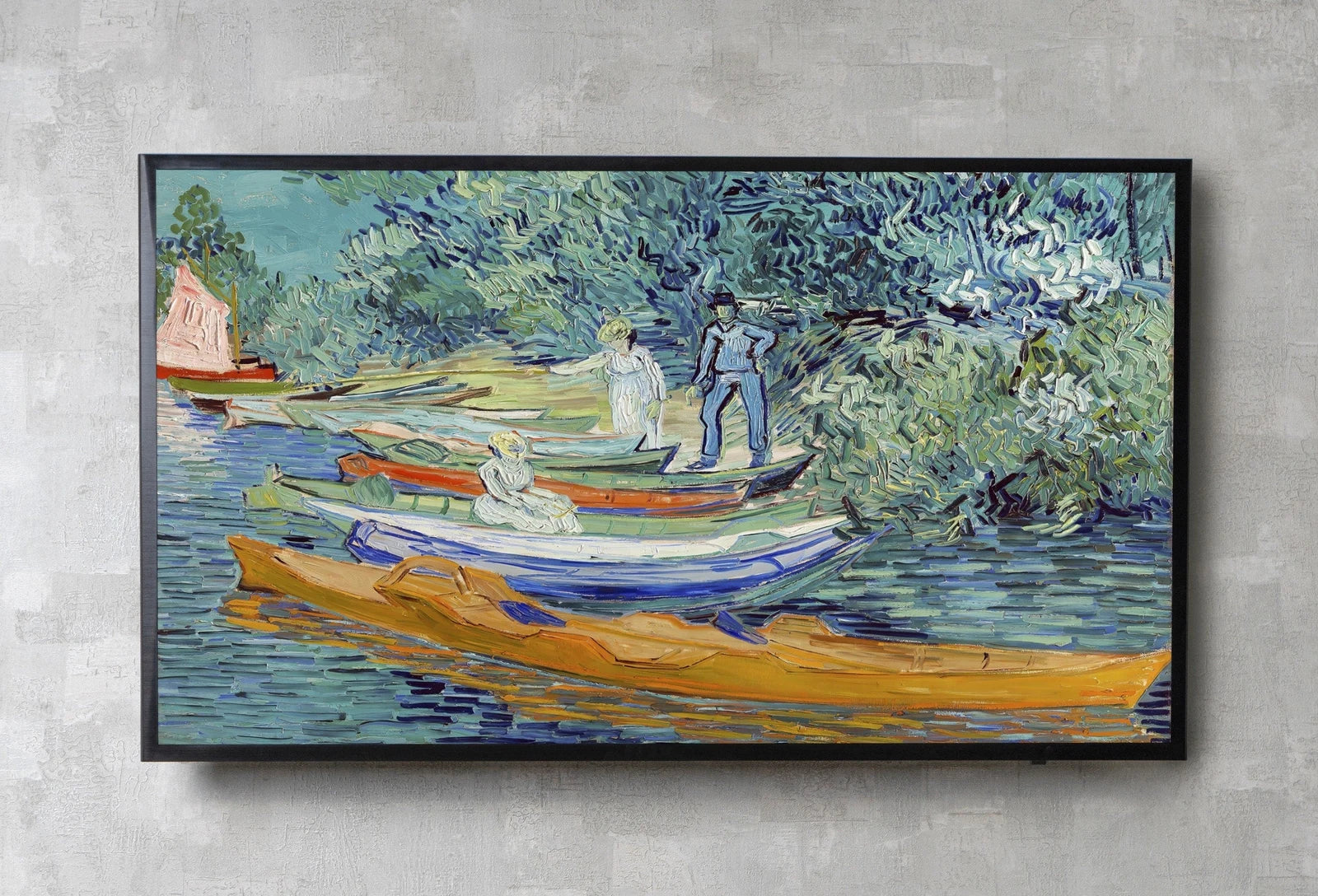Detail view of artwork from Samsung Frame TV Art 4K River Bank with Boats Famous Painting by Vincent van Gogh. Instant Download van Gogh Landscape for the Frame TV. (variation 3)