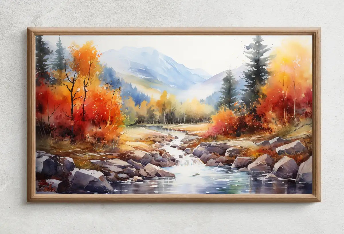 Detail view of artwork from Samsung Frame TV Art 4K River & Forest Colorful Fall Landscape Painting. Instant Download. Forest Art for Samsung Frame TV. Art for TV. (variation 2)