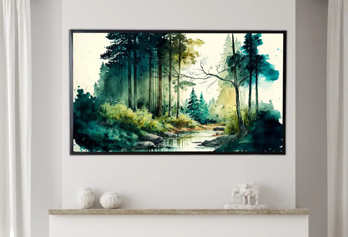 Detail view of artwork from Samsung Frame TV Art 4K River in Forest Watercolor Landscape Digital Painting. Instant Download Forest Art for Samsung Frame TV. Art for TV. (variation 2)
