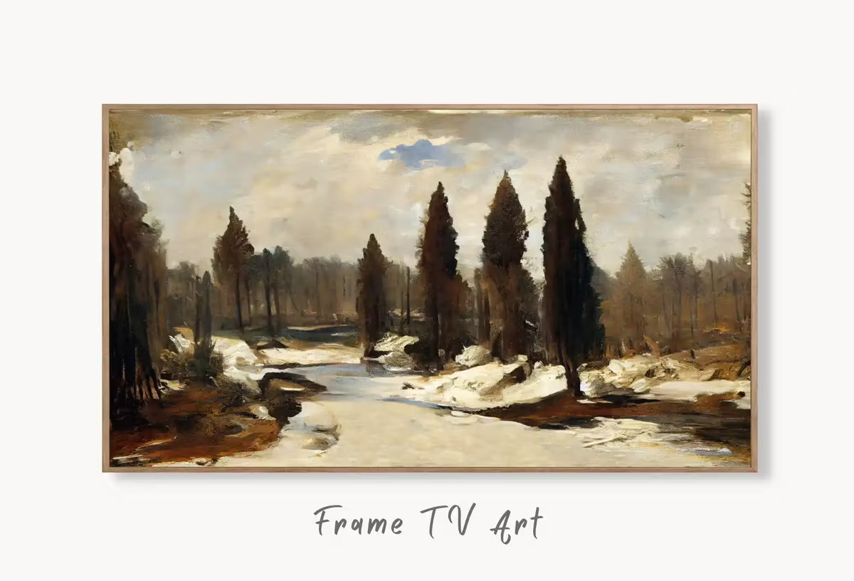 Samsung Frame TV Art 4K Rustic Winter Landscape Forest Painting. Instant Download Muted Snow Art for the Samsung Frame TV. Moody Art for TV – Frame TV  Art
