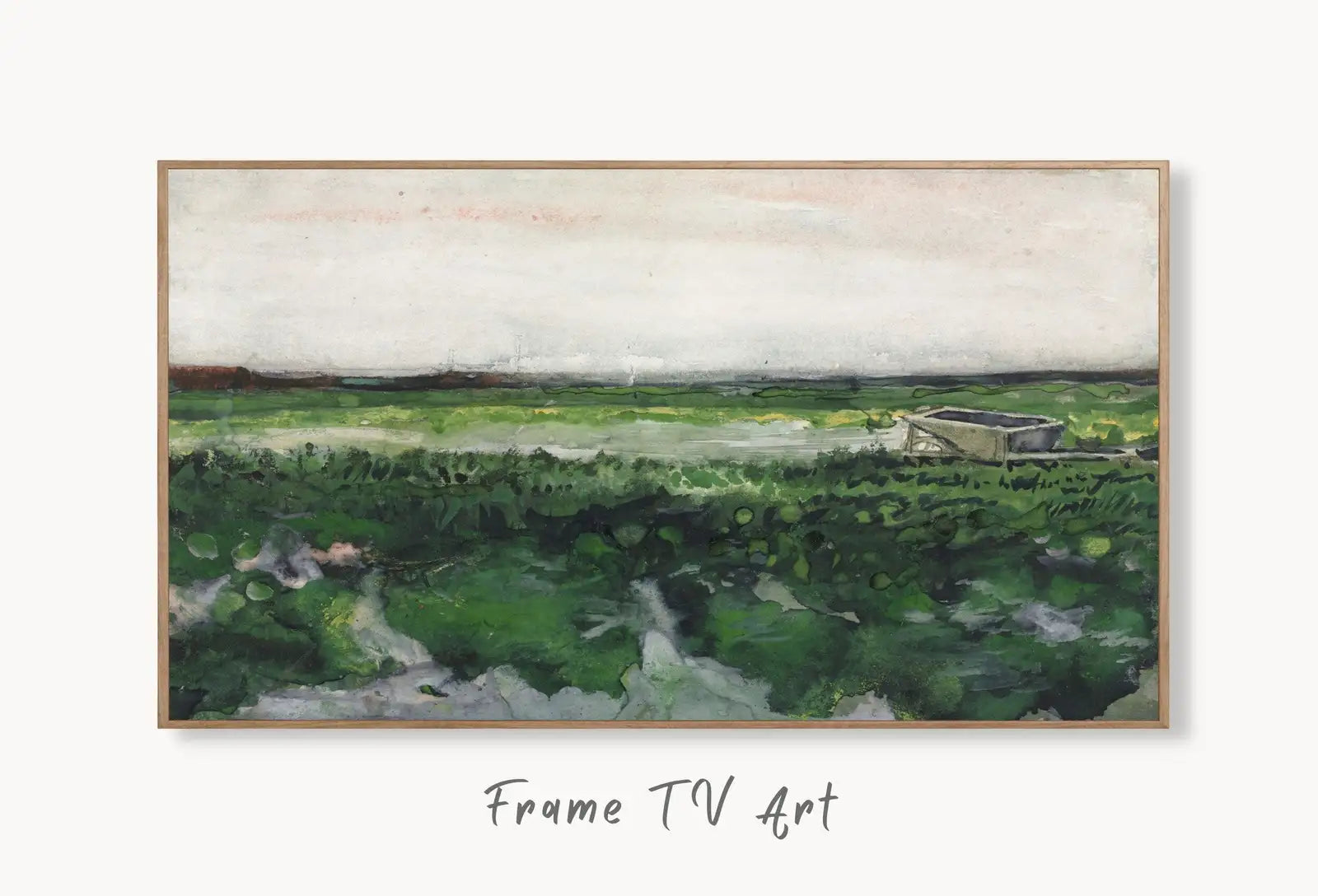 Samsung Frame TV Art 4K Sage Green Vintage Landscape Painting. Instant Download Famous Van Gogh Green Painting. Van Gogh Art for Frame TV displayed on Samsung Frame TV on a living room wall.