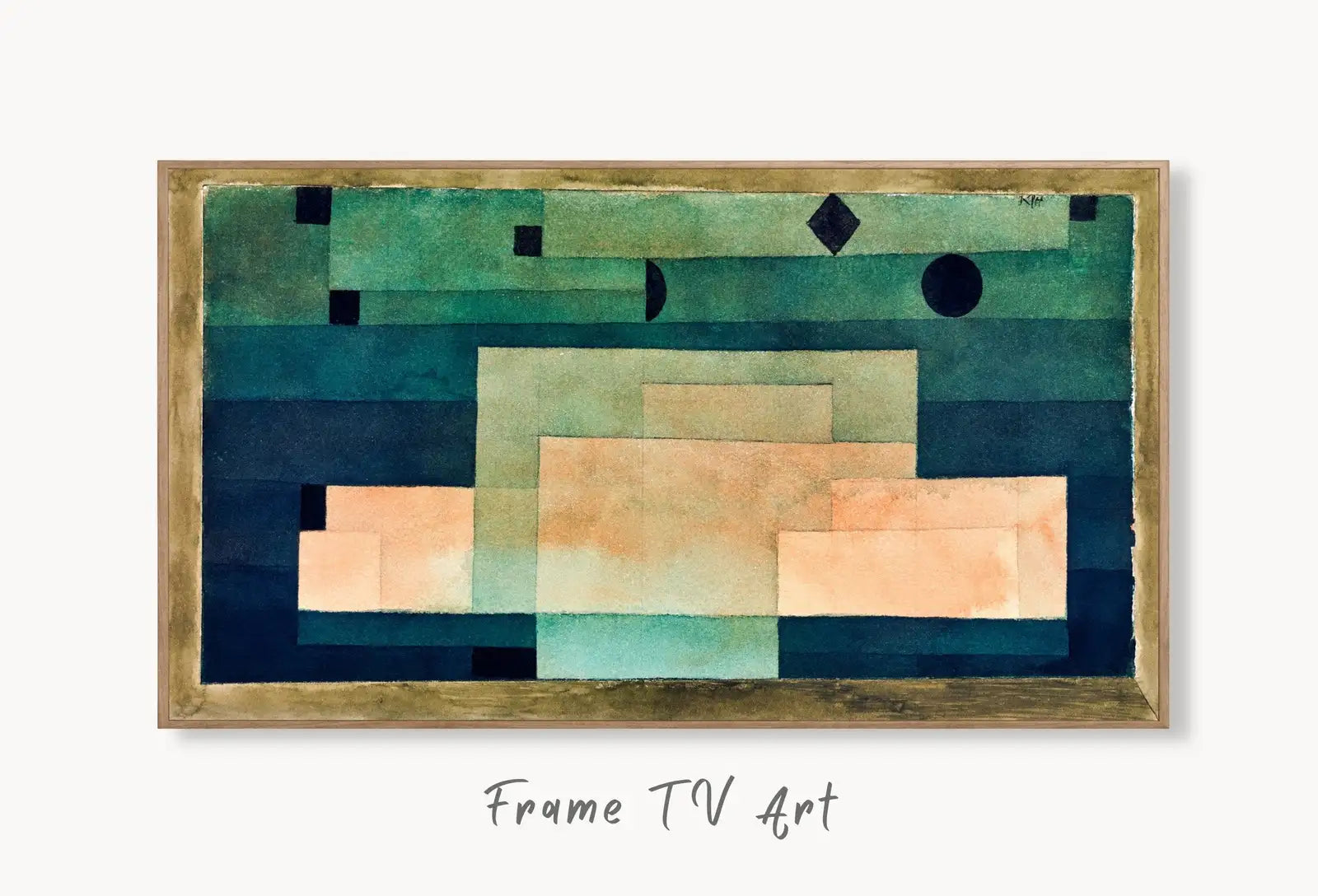 Samsung Frame TV Art 4K Sage Green Wall Art Abstract Painting. Instant Download Vintage Abstract Painting. Paul Klee Art for Frame TV displayed on Samsung Frame TV on a living room wall.