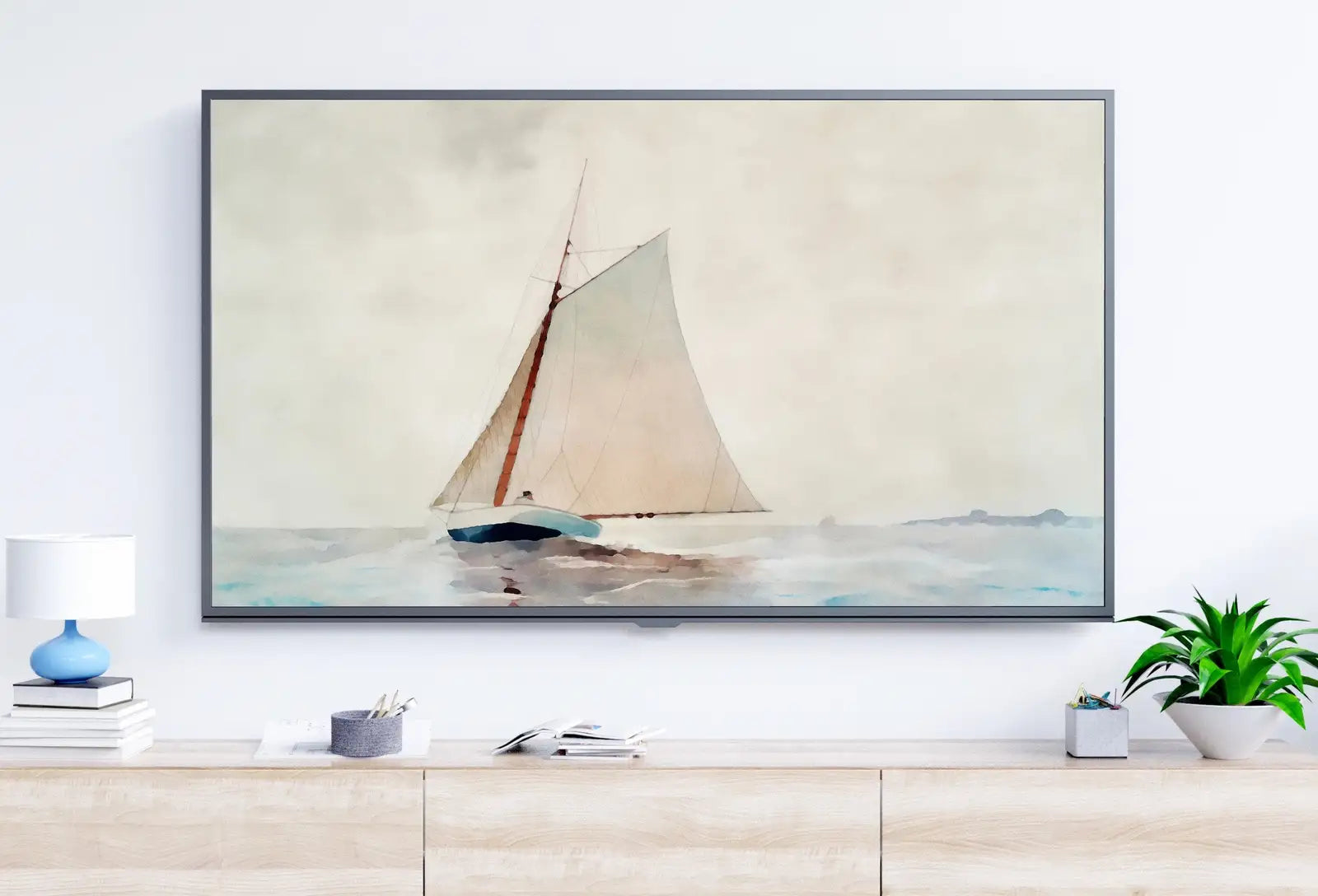 Second included artwork preview from Samsung Frame TV Art 4K Sail Boat At Sea Painting, Nautical Wall Decor. Instant Download Boat Art for the Frame TV. Minimalist Art for TV featuring various scenes.