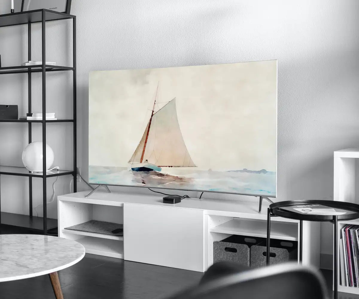Detail view of artwork from Samsung Frame TV Art 4K Sail Boat At Sea Painting, Nautical Wall Decor. Instant Download Boat Art for the Frame TV. Minimalist Art for TV. (variation 2)