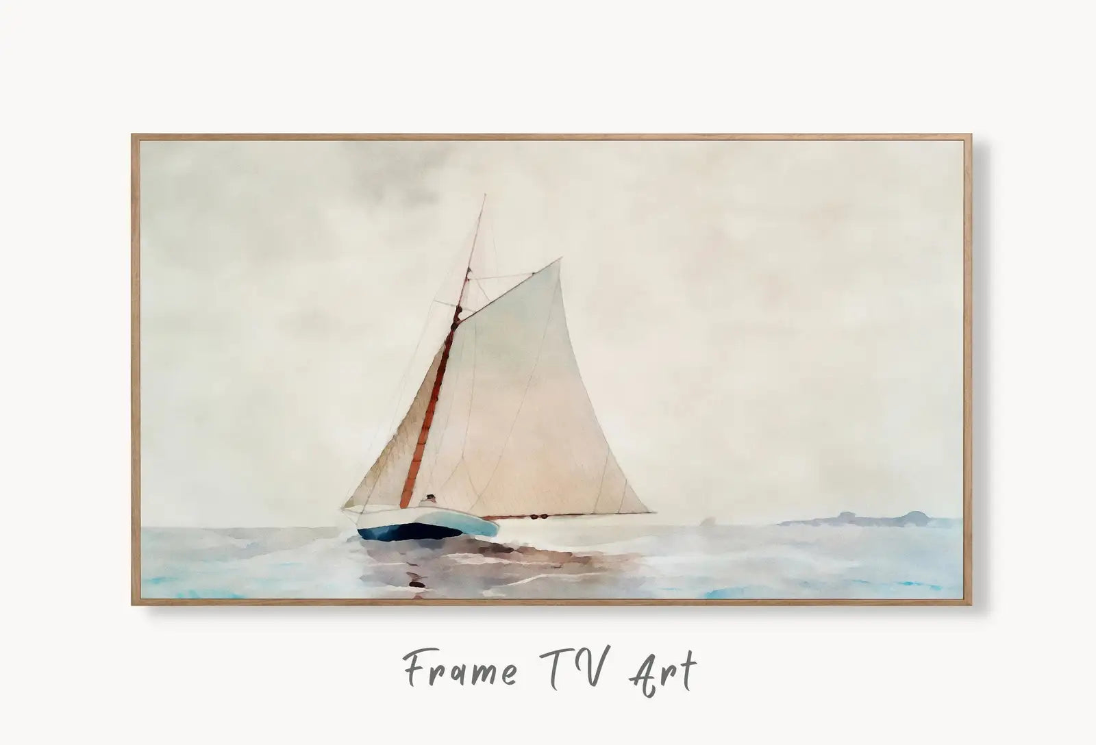 Samsung Frame TV Art 4K Sail Boat At Sea Painting, Nautical Wall Decor. Instant Download Boat Art for the Frame TV. Minimalist Art for TV displayed on Samsung Frame TV on a living room wall.