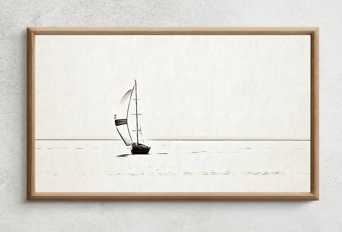 Detail view of artwork from Samsung Frame TV Art 4K Sail Boat At Sea Painting, Nautical Wall Decor. Instant Download Minimalist Boat Art for the Frame TV. Art for TV. (variation 2)