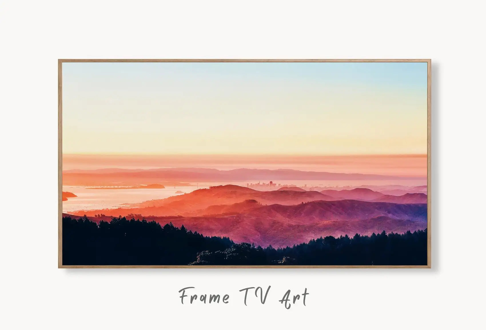 Samsung Frame TV Art 4K San Francisco California Sunset Landscape Digital Painting. Instant Download Art for TV. Colorful Frame TV Art displayed on Samsung Frame TV on a living room wall.