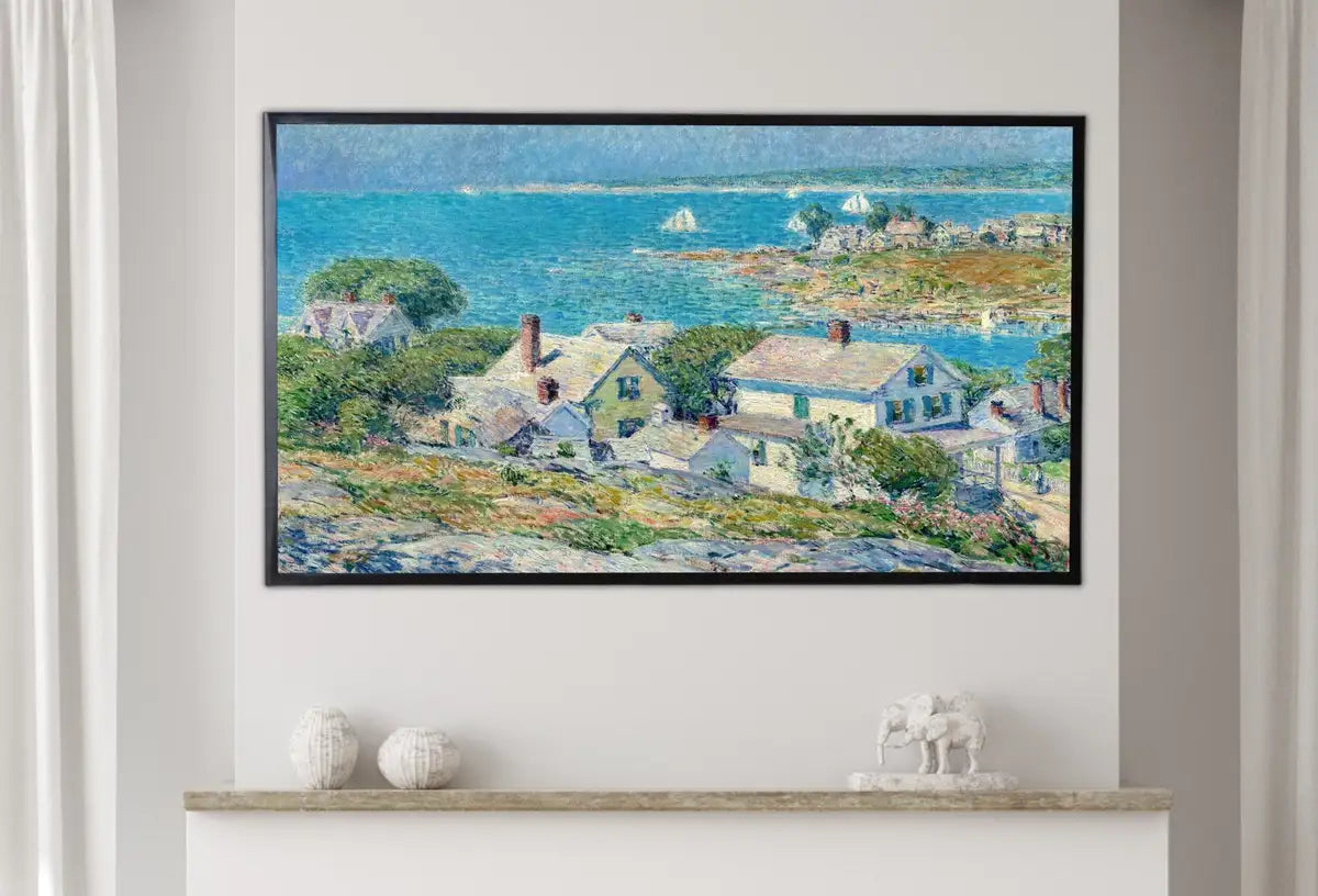 Detail view of artwork from Samsung Frame TV Art 4K Seaside Town Impressionist Vintage Painting, Nautical Art. Instant Download Art for Frame TV. Colorful Art for TV. (variation 2)
