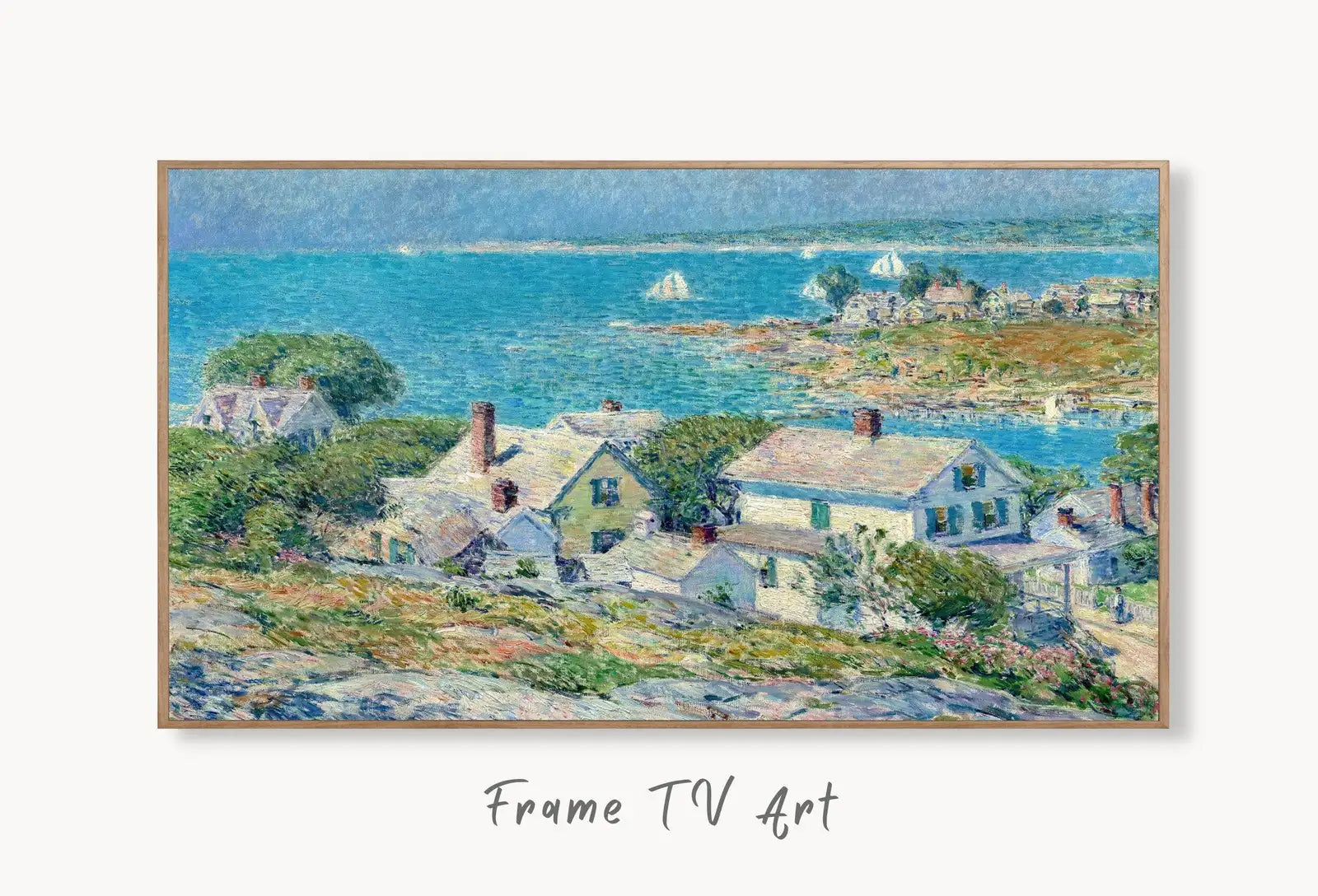 Samsung Frame TV Art 4K Seaside Town Impressionist Vintage Painting, Nautical Art. Instant Download Art for Frame TV. Colorful Art for TV displayed on Samsung Frame TV on a living room wall.