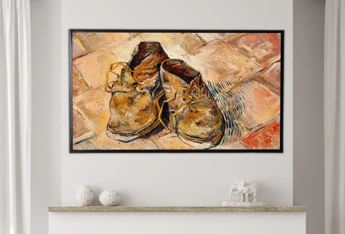 Detail view of artwork from Samsung Frame TV Art 4K "Shoes" Famous Still Life Painting by Vincent van Gogh. Instant Download van Gogh Art for Frame TV. Vintage Decor. (variation 1)