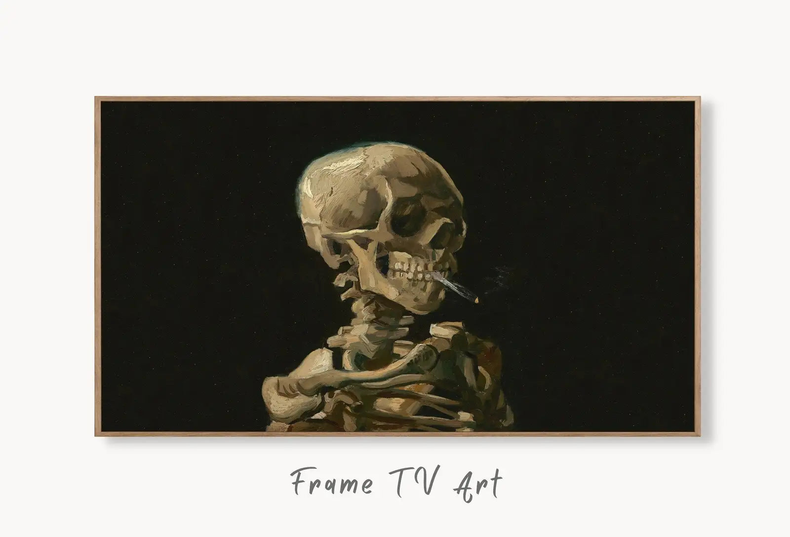 Samsung Frame TV Art 4K Smoking Skeleton Famous Painting by Vincent van Gogh. Instant Download van Gogh Skull for Frame TV. Vintage Decor displayed on Samsung Frame TV on a living room wall.