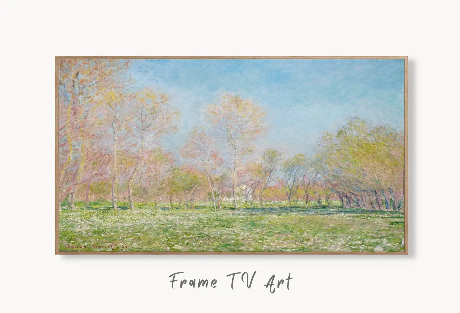 Samsung Frame TV Art 4K Spring Landscape Famous Claude Monet Painting. Instant Download Landscape Wall Art for Frame TV. Vintage Wall Art displayed on Samsung Frame TV on a living room wall.