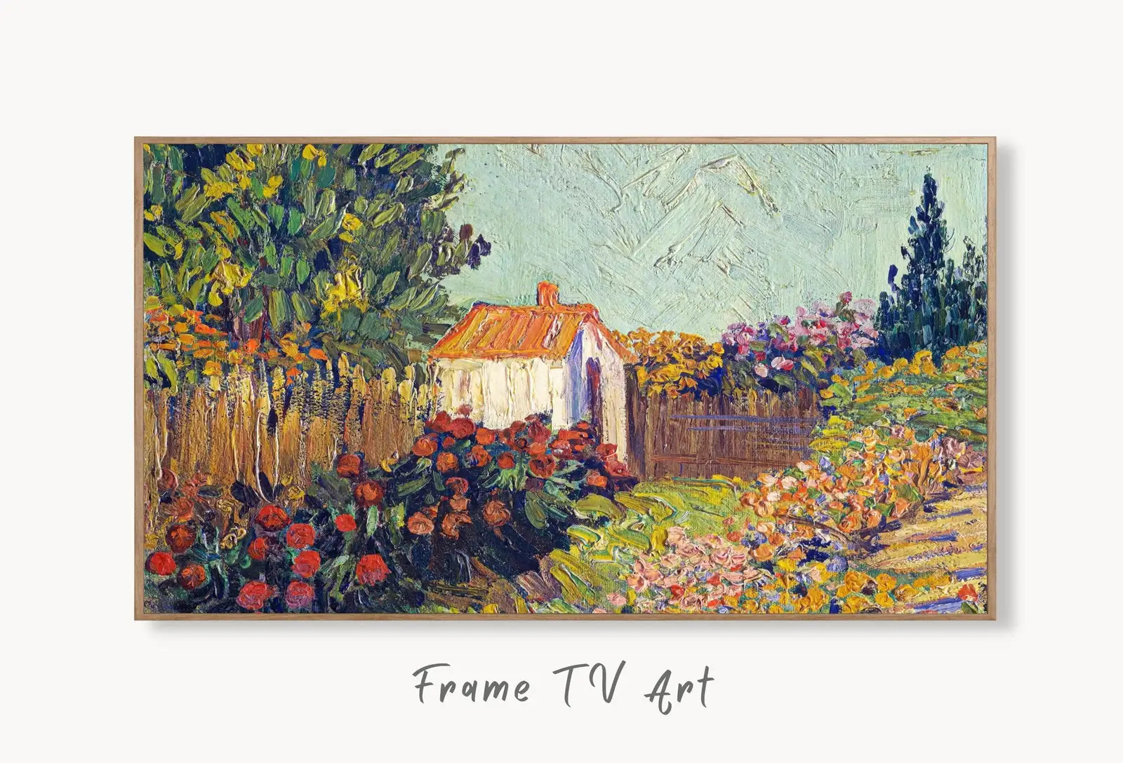 Samsung Frame TV Art 4K Spring Landscape Famous Painting by Vincent van Gogh. Instant Download van Gogh Art for the Frame TV. Vintage Decor displayed on Samsung Frame TV on a living room wall.