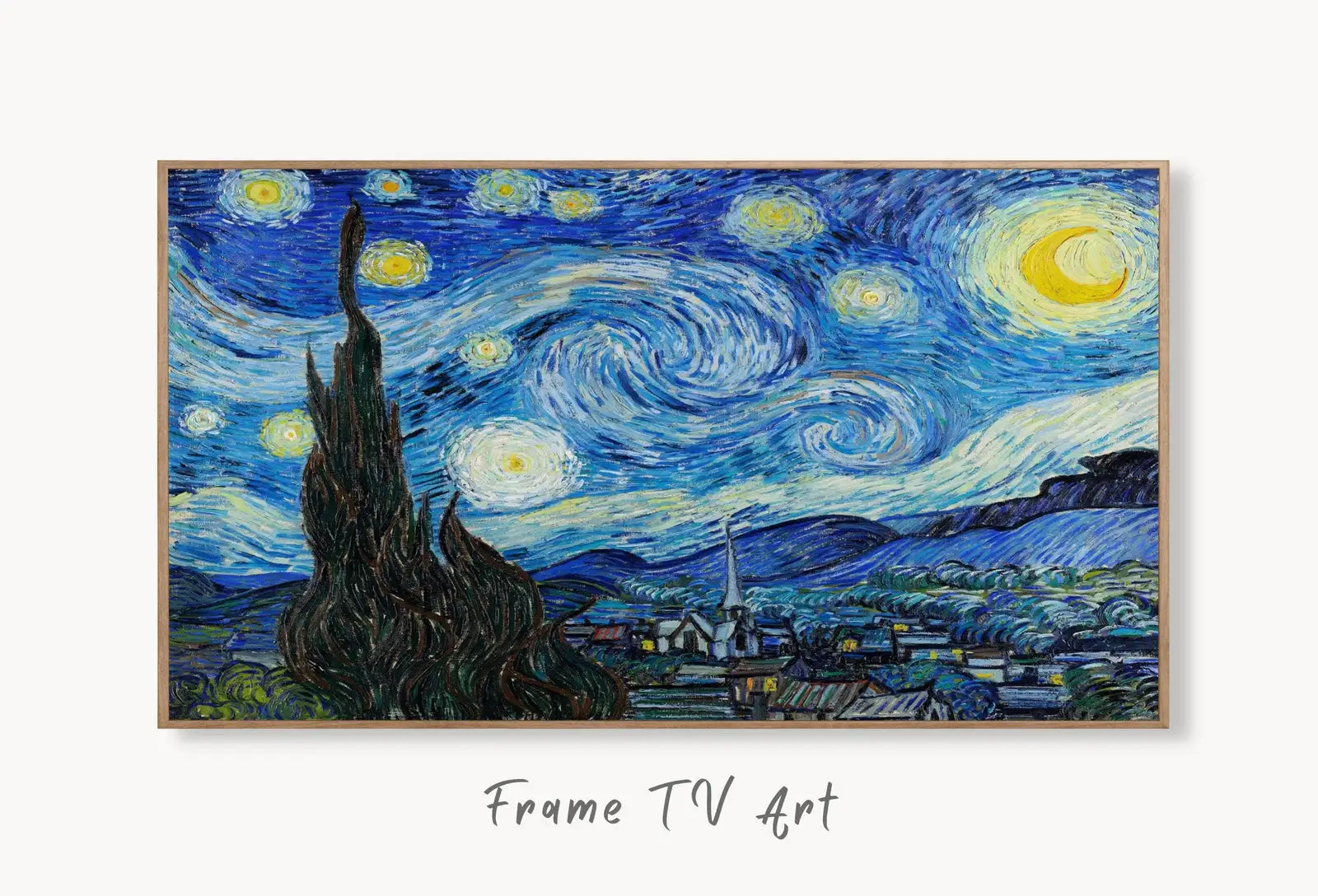 Samsung Frame TV Art 4K Starry Night Famous Painting by Vincent van Gogh. Instant Download van Gogh Art for the Frame TV. Vintage Wall Art displayed on Samsung Frame TV on a living room wall.