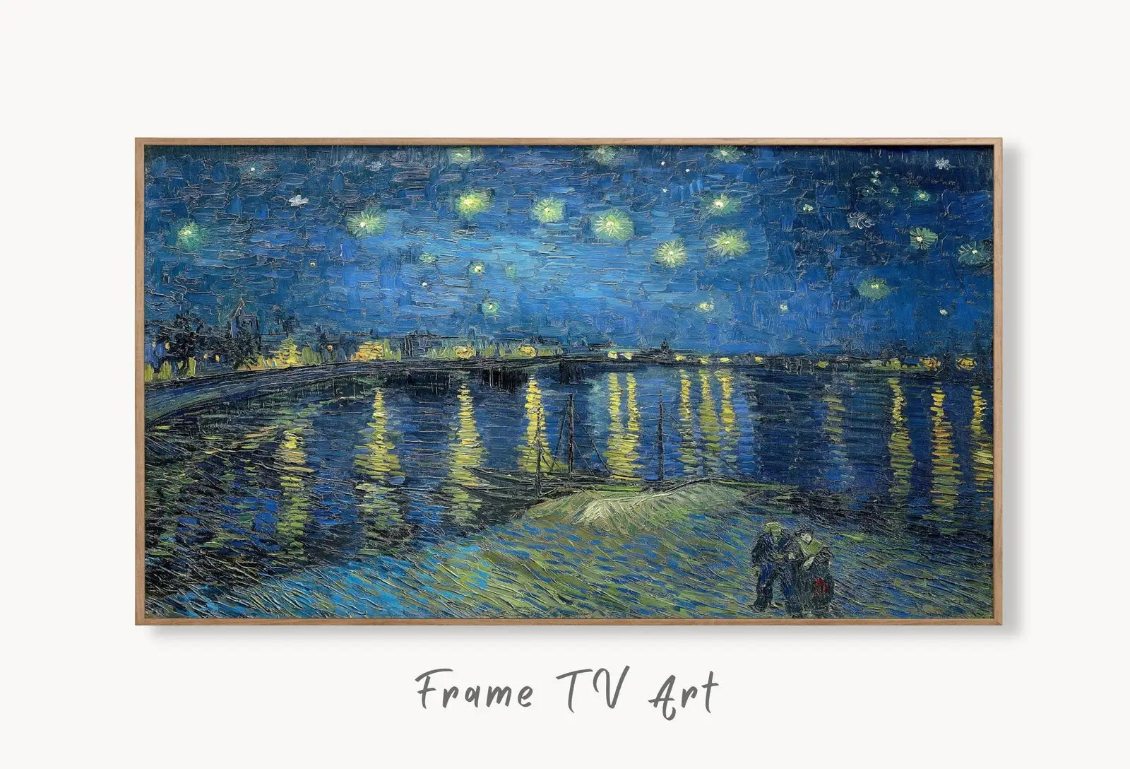 Samsung Frame TV Art 4K Starry Night Over the Rhone Famous Painting by Vincent van Gogh. Instant Download van Gogh Art for the Frame TV displayed on Samsung Frame TV on a living room wall.