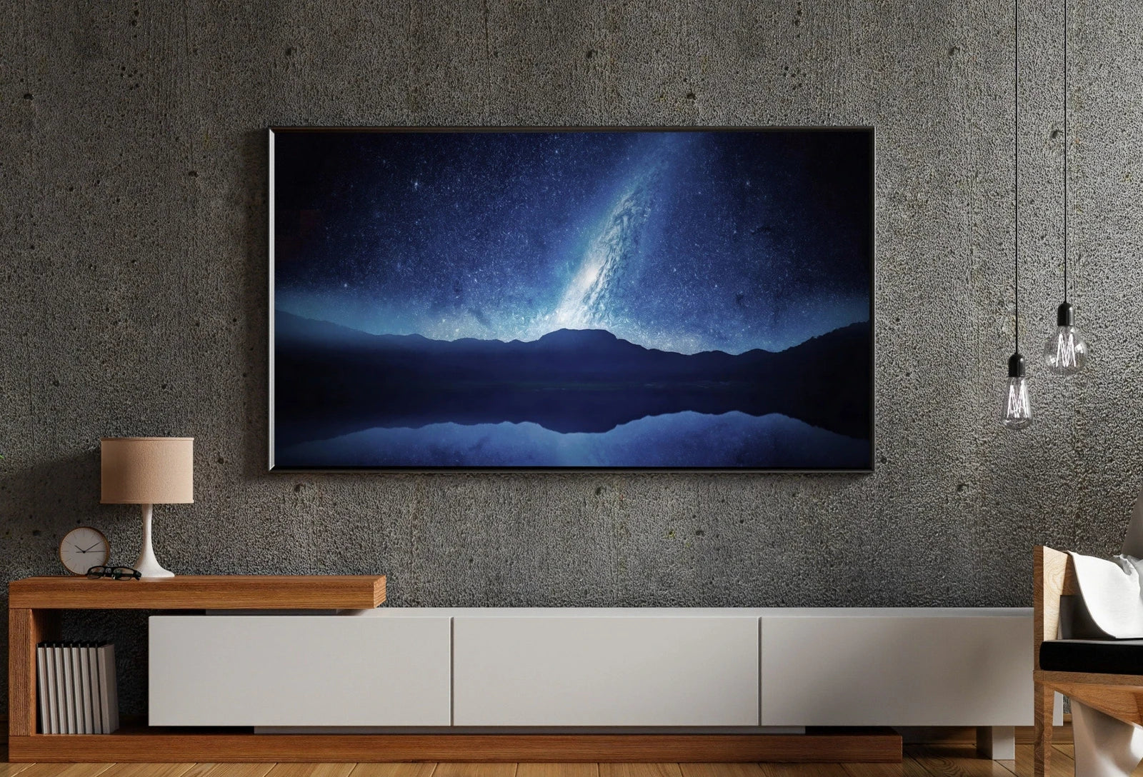 Detail view of artwork from Samsung Frame TV Art 4K Stars at Night over Mountains Landscape Wall Art. Instant Download Blue Mountain Digital Painting. Art for Frame TV. (variation 2)