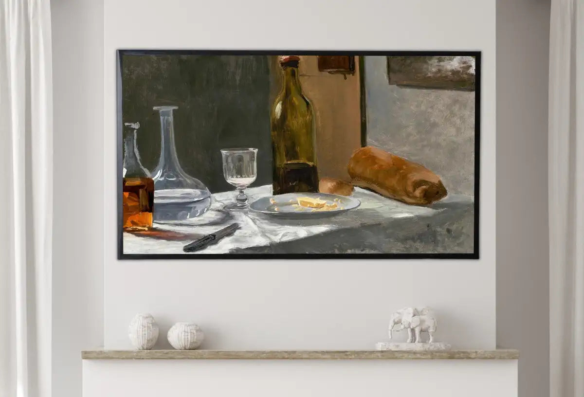 Detail view of artwork from Samsung Frame TV Art 4K Still Life w\ Bread Butter & Bottles Famous Monet Painting. Instant Download Wall Art for Frame TV. Vintage Wall Art. (variation 2)