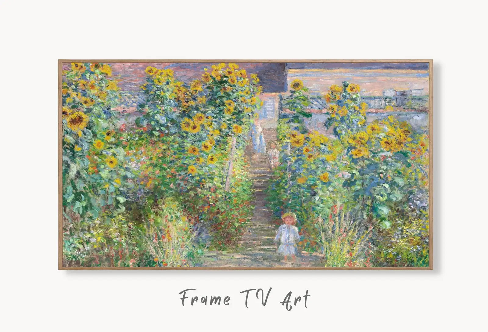 Samsung Frame TV Art 4K Sunflowers Garden Famous Claude Monet Painting. Instant Download Landscape Wall Art for Frame TV. Vintage Wall Art displayed on Samsung Frame TV on a living room wall.