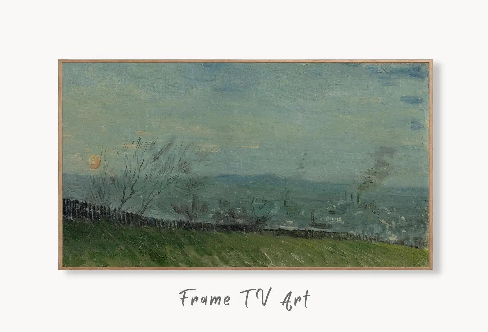 Samsung Frame TV Art 4K Sunset in Montmartre Famous Painting by Vincent van Gogh. Instant Download van Gogh Art for Frame TV. Vintage Art displayed on Samsung Frame TV on a living room wall.
