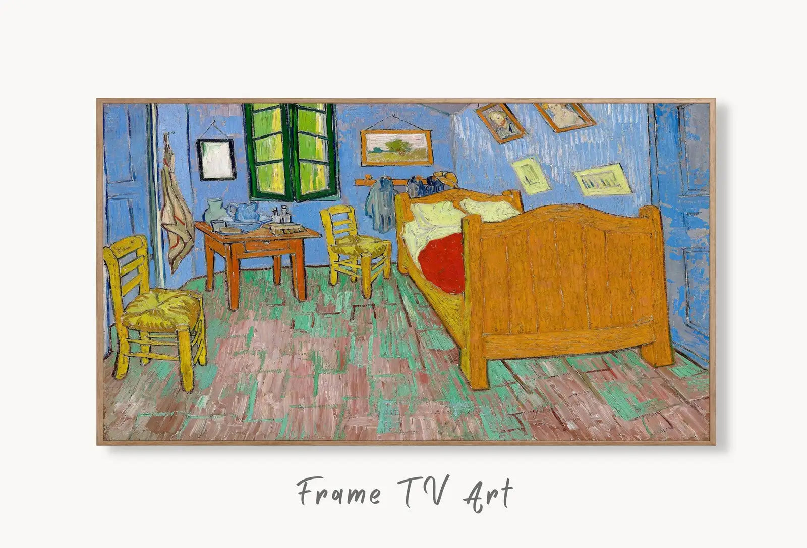 Samsung Frame TV Art 4K "The Bedroom" Famous Painting by Vincent van Gogh. Instant Download van Gogh Art for the Frame TV. Vintage Art displayed on Samsung Frame TV on a living room wall.