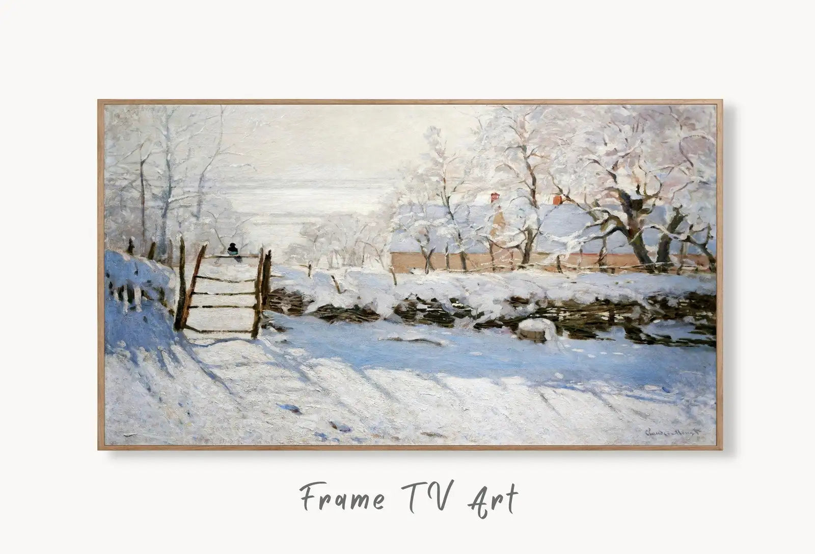Samsung Frame TV Art 4K The Magpie Famous Claude Monet Painting. Instant Download Landscape Wall Art for the Frame TV. Vintage Wall Art displayed on Samsung Frame TV on a living room wall.