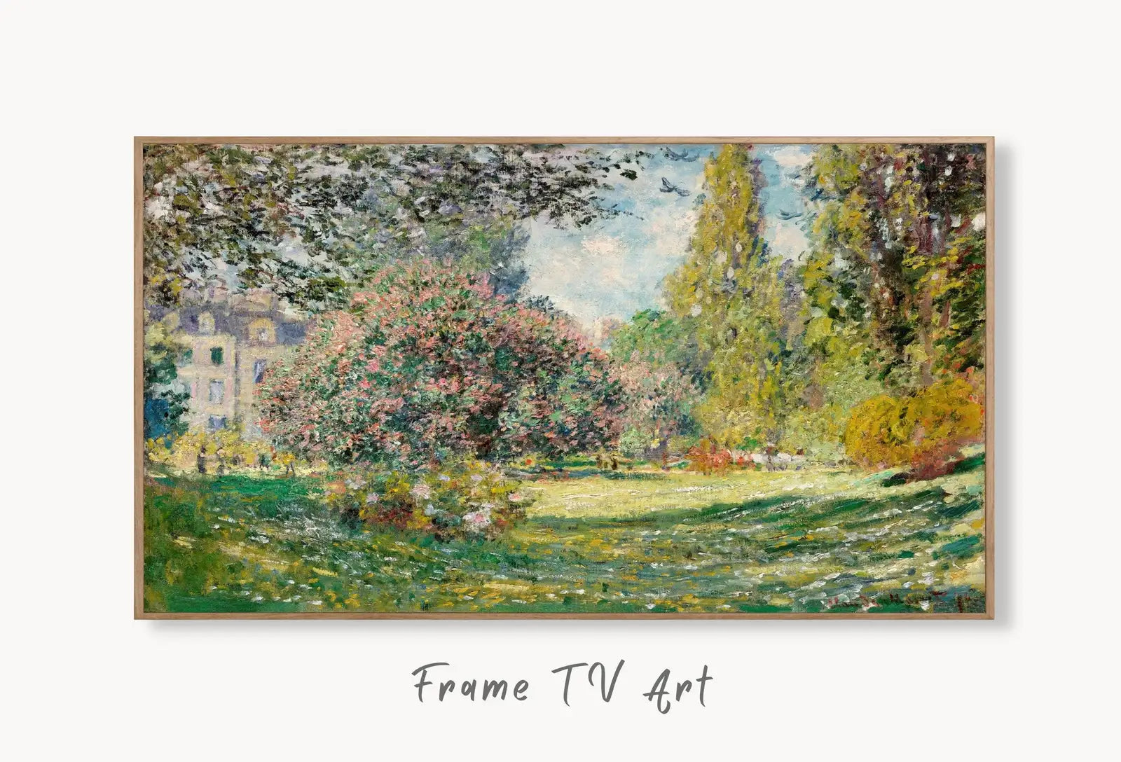 Samsung Frame TV Art 4K The Parc Monceau Famous Claude Monet Painting. Instant Download Landscape Wall Art for Frame TV. Vintage Wall Art displayed on Samsung Frame TV on a living room wall.
