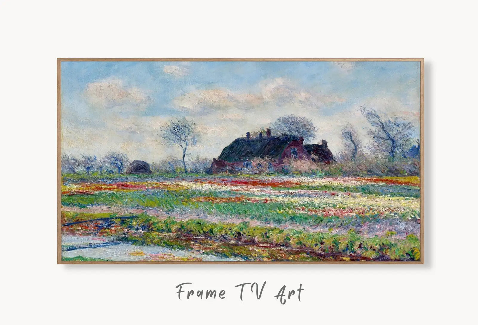 Samsung Frame TV Art 4K Tulip Fields Famous Claude Monet Painting. Instant Download Landscape Wall Art for the Frame TV. Vintage Wall Art displayed on Samsung Frame TV on a living room wall.