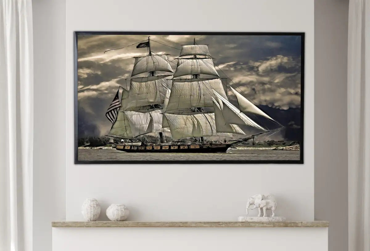 Detail view of artwork from Samsung Frame TV Art 4K USS Constitution "Old Ironsides" Nautical Wall Decor. Instant Download Boat Art for Frame Tv. Vintage Art for TV. (variation 2)