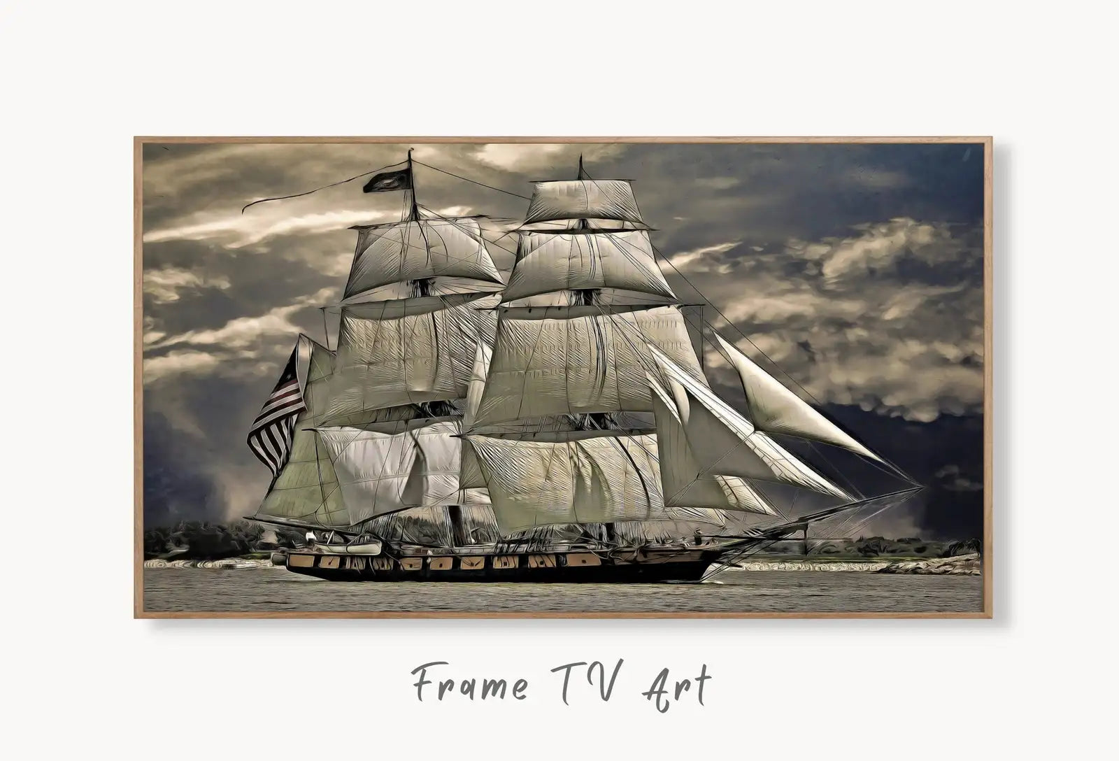 Samsung Frame TV Art 4K USS Constitution "Old Ironsides" Nautical Wall Decor. Instant Download Boat Art for Frame Tv. Vintage Art for TV displayed on Samsung Frame TV on a living room wall.