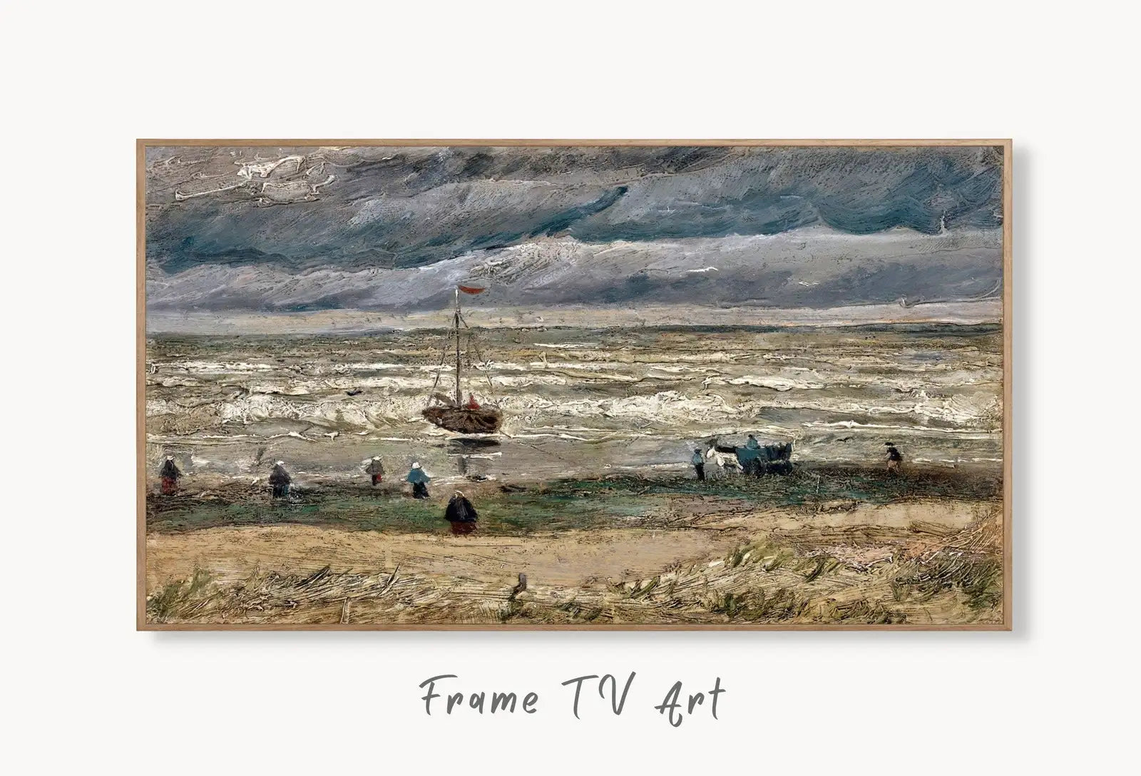 Samsung Frame TV Art 4K van Gogh Beach in Stormy Weather Painting. Instant Download Famous Vintage Art for the Samsung Frame TV displayed on Samsung Frame TV on a living room wall.