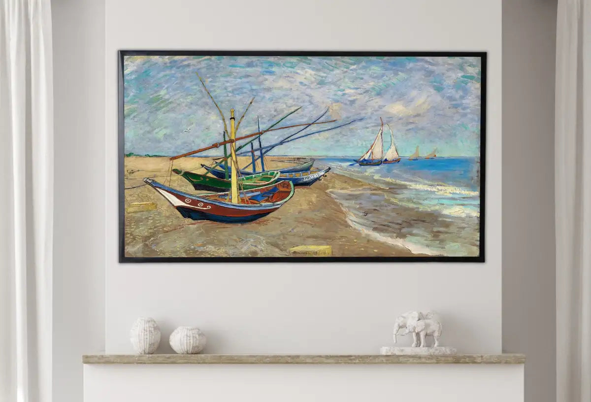 Detail view of artwork from Samsung Frame TV Art 4K van Gogh Fishing Boats on the Beach Painting. Instant Download Famous Vintage Nautical Art for the Samsung Frame TV. (variation 2)