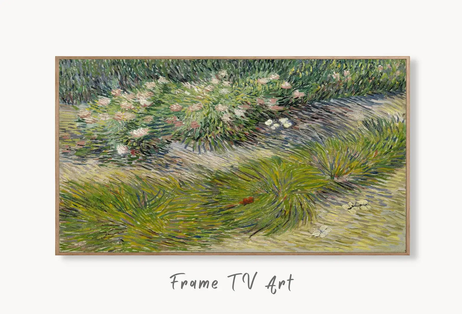 Samsung Frame TV Art 4K Vincent van Gogh Grass and Butterflies Famous Painting. Instant Download van Gogh Art for Frame TV. Vintage Wall Art displayed on Samsung Frame TV on a living room wall.