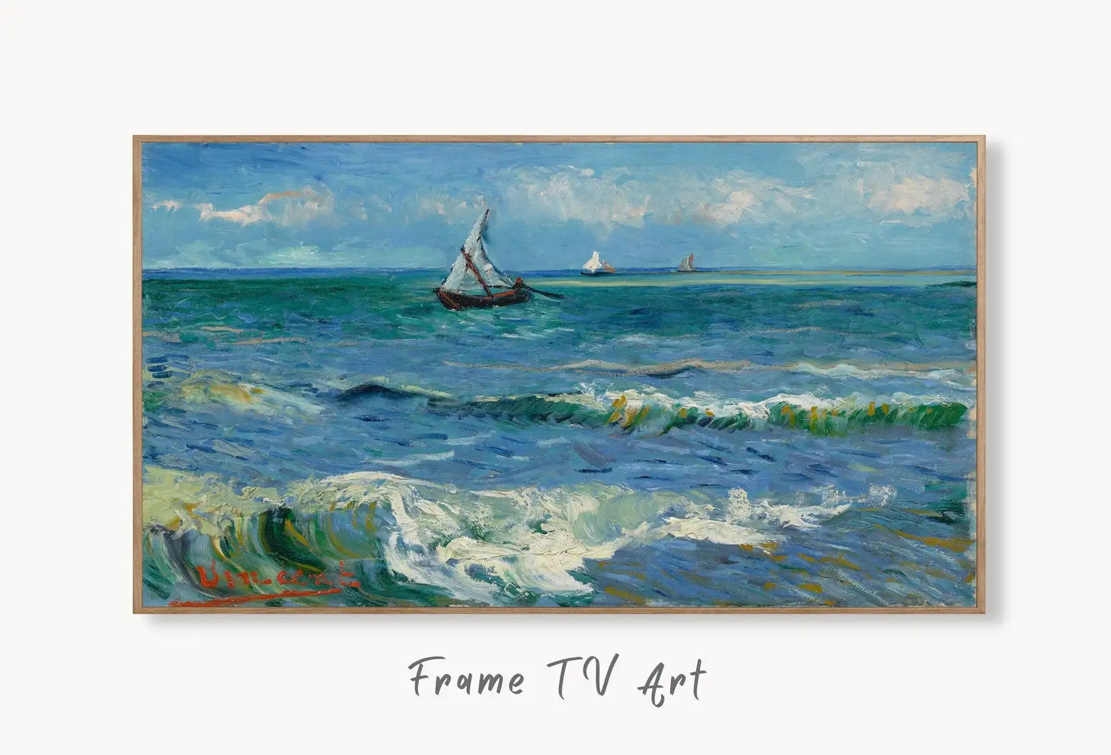 Samsung Frame TV Art 4K Vincent van Gogh Seascape with Boats Painting. Instant Download Famous Vintage Nautical Art for the Samsung Frame TV displayed on Samsung Frame TV on a living room wall.