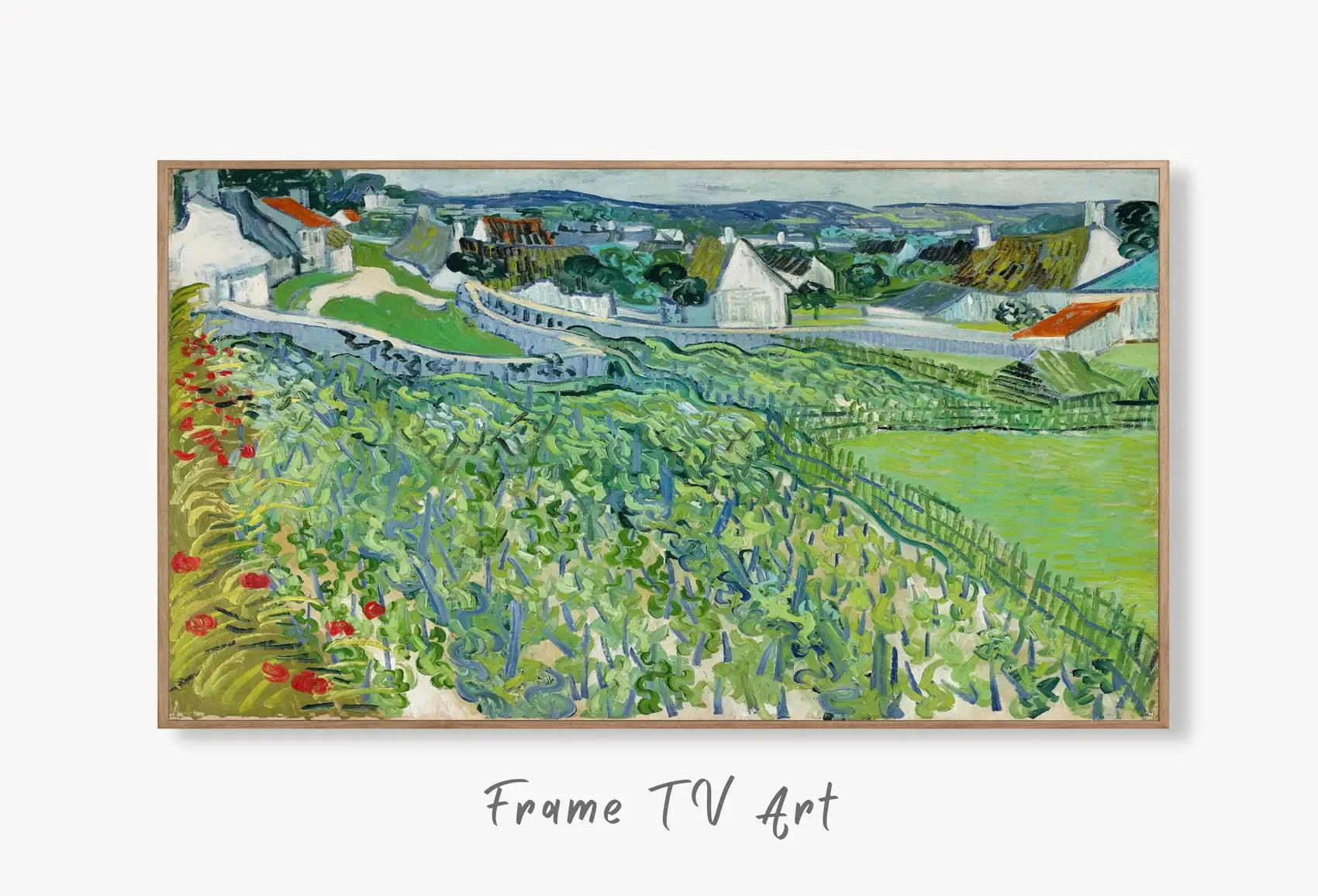 Samsung Frame TV Art 4K Vineyards Famous Painting by Vincent van Gogh. Instant Download van Gogh Landscape for the Frame TV. Vintage Decor displayed on Samsung Frame TV on a living room wall.