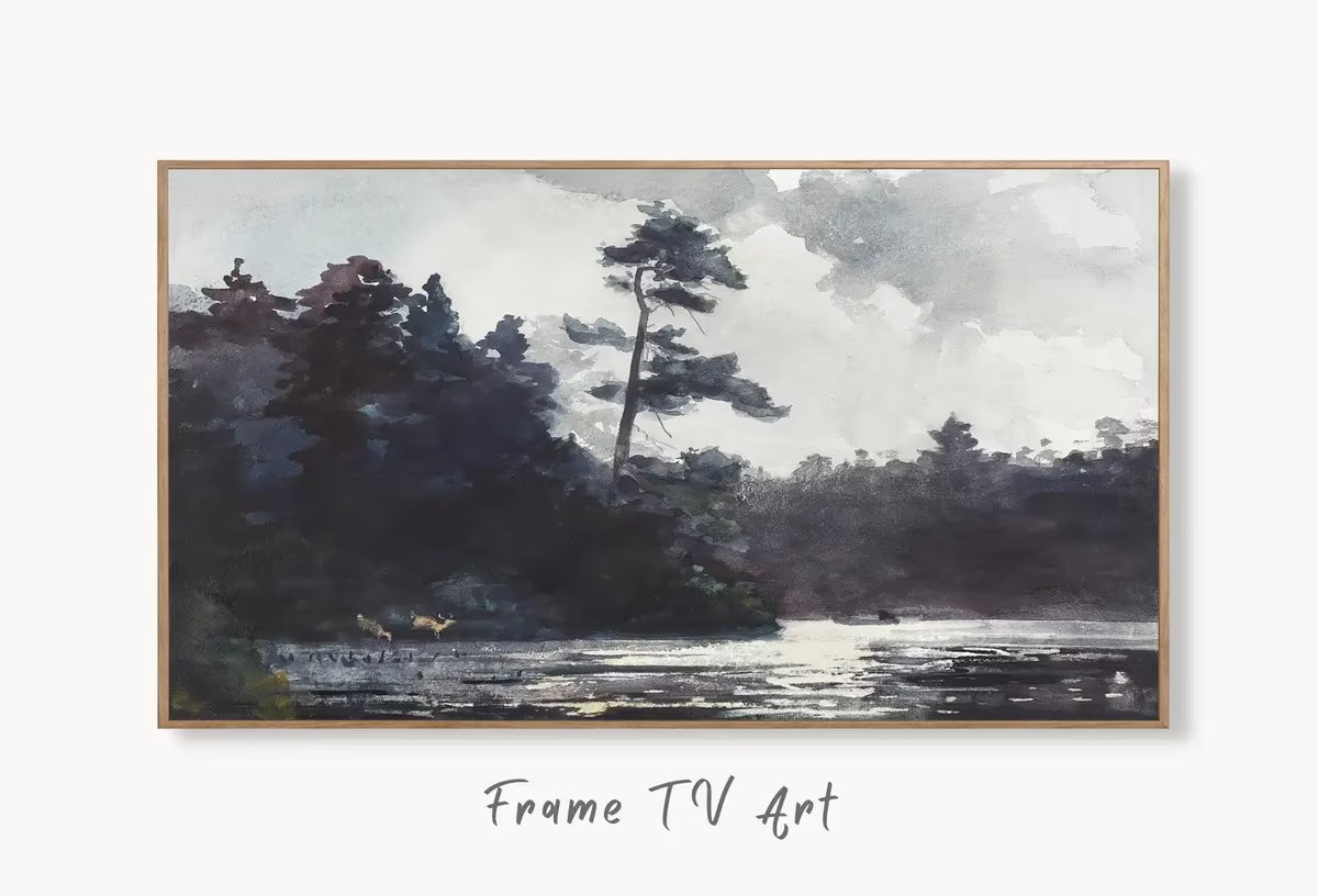 Samsung Frame TV Art 4K Vintage Moody Lake Landscape Watercolor Painting. Instant Download Rustic Antique Painting. Art for the Frame TV – Frame TV  Art