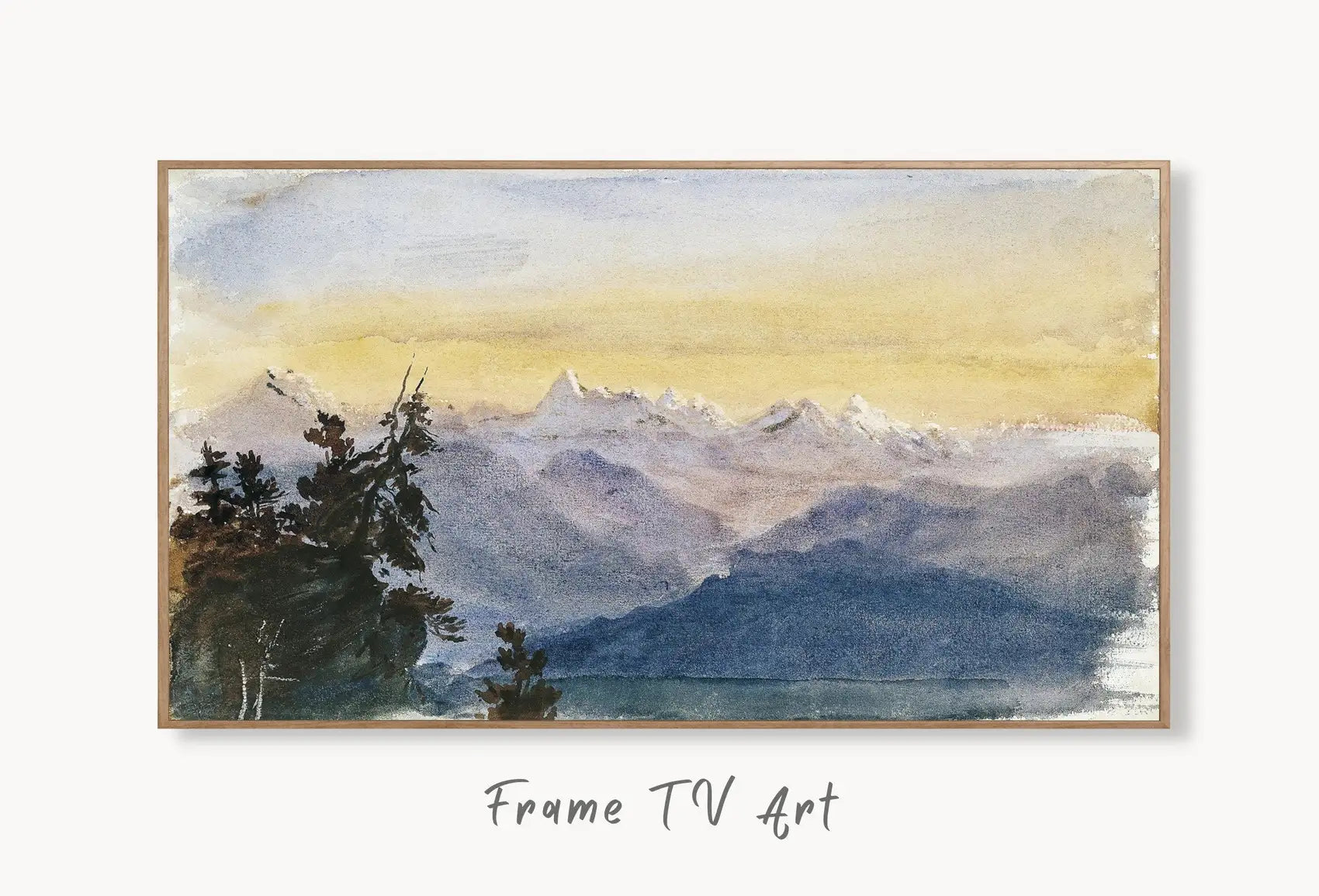 Samsung Frame TV Art 4K Vintage Mountain Sunset Landscape Watercolor Wall Art. Instant Download Mountain Painting Wall Art for the Frame TV displayed on Samsung Frame TV on a living room wall.