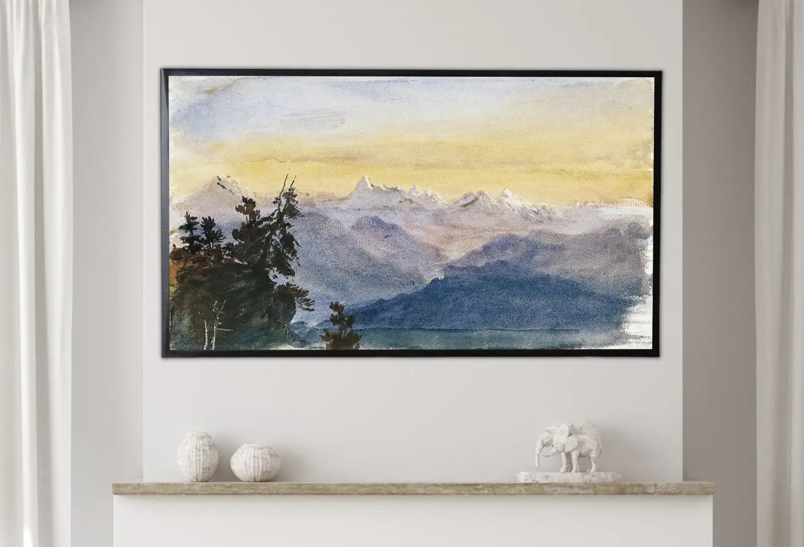 Detail view of artwork from Samsung Frame TV Art 4K Vintage Mountain Sunset Landscape Watercolor Wall Art. Instant Download Mountain Painting Wall Art for the Frame TV. (variation 1)