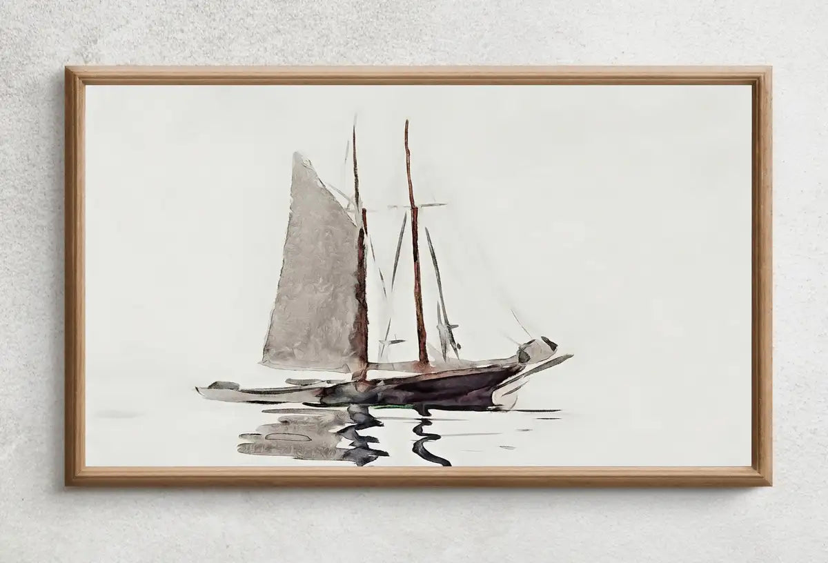 Detail view of artwork from Samsung Frame TV Art 4K Vintage Sail Boat Painting, Nautical Wall Decor. Instant Download Boat Art for the Frame TV. Minimalist Art for TV. (variation 2)