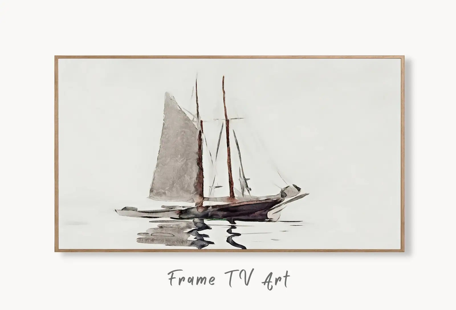 Samsung Frame TV Art 4K Vintage Sail Boat Painting, Nautical Wall Decor. Instant Download Boat Art for the Frame TV. Minimalist Art for TV displayed on Samsung Frame TV on a living room wall.