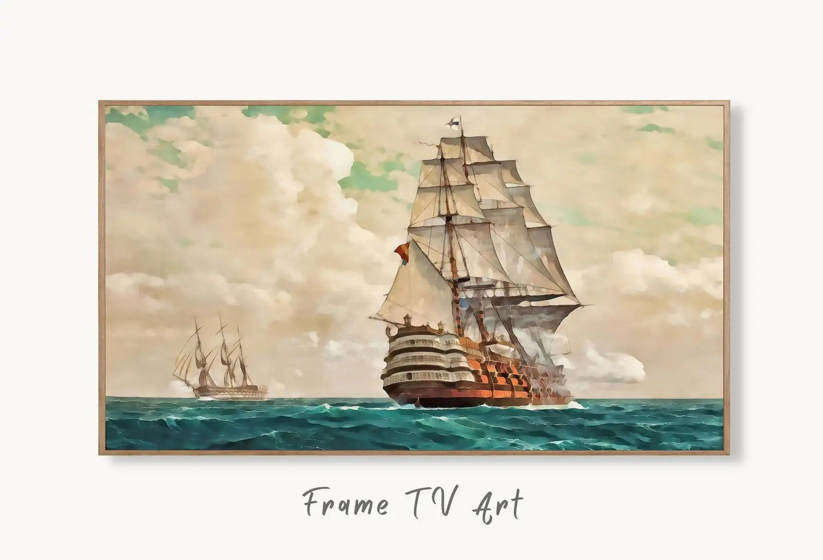 Samsung Frame TV Art 4K Vintage Sailing Ship at Full Sail, Nautical Wall Decor. Instant Download Boat Art for Frame TV. Vintage Art for TV displayed on Samsung Frame TV on a living room wall.