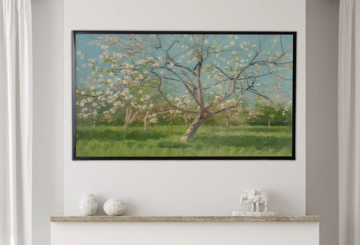 Detail view of artwork from Samsung Frame TV Art 4K Vintage Spring Landscape Painting. Instant Download Almond Blossom Landscape Wall Art for Frame TV. Vintage Wall Art. (variation 2)