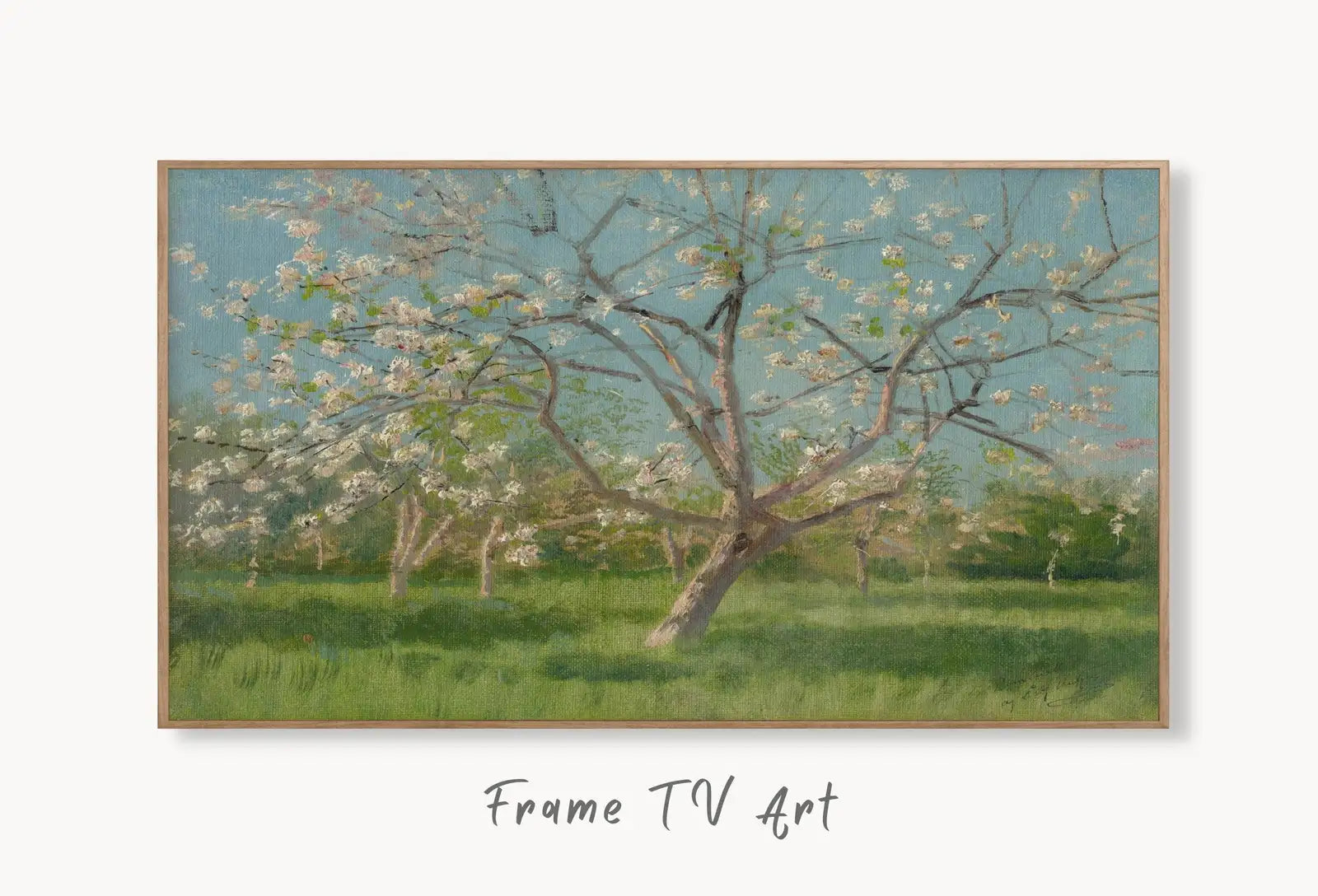 Samsung Frame TV Art 4K Vintage Spring Landscape Painting. Instant Download Almond Blossom Landscape Wall Art for Frame TV. Vintage Wall Art displayed on Samsung Frame TV on a living room wall.