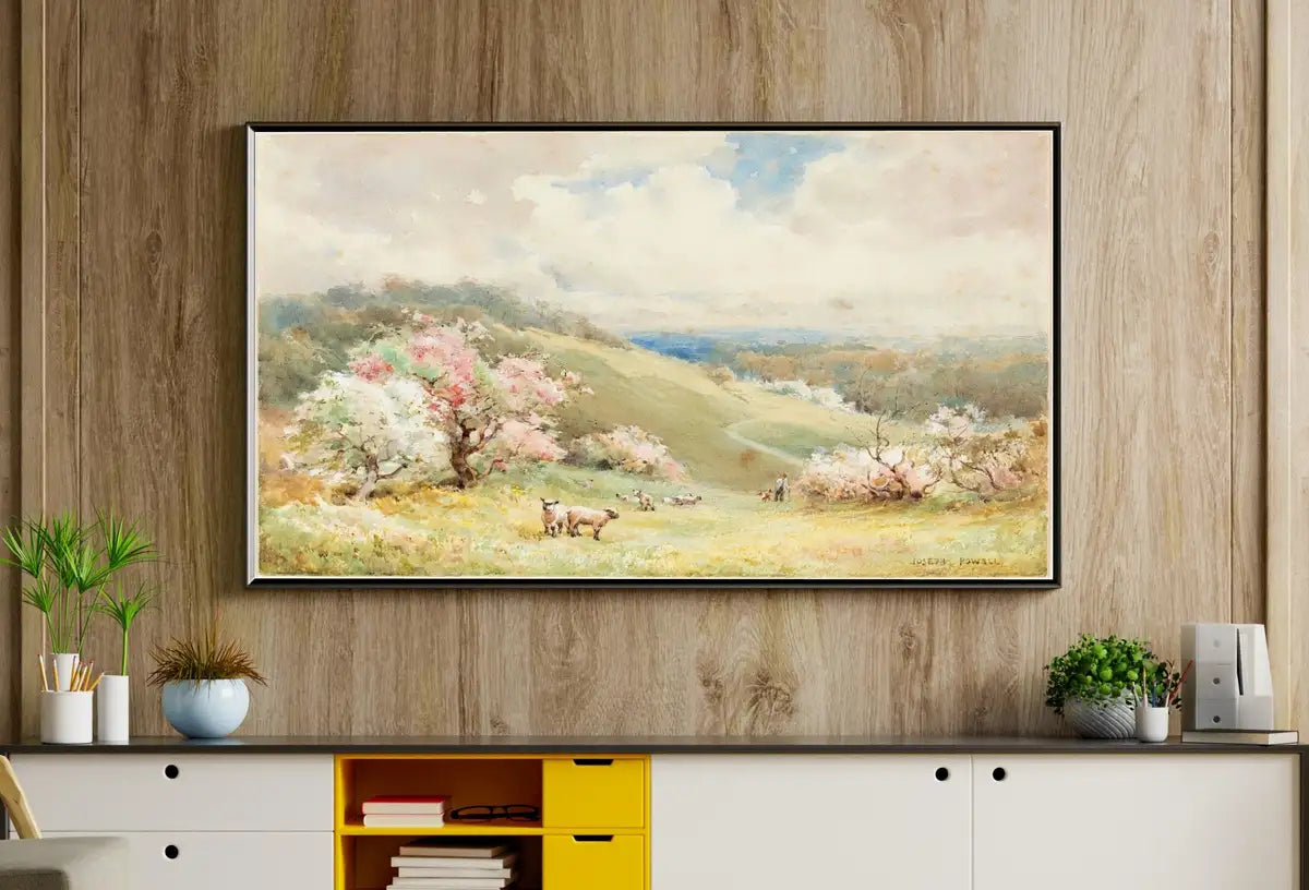 Detail view of artwork from Samsung Frame TV Art 4K Vintage Spring Landscape Painting. Instant Download Colorful Spring Art for the Frame TV. Landscape Art for TV. (variation 2)
