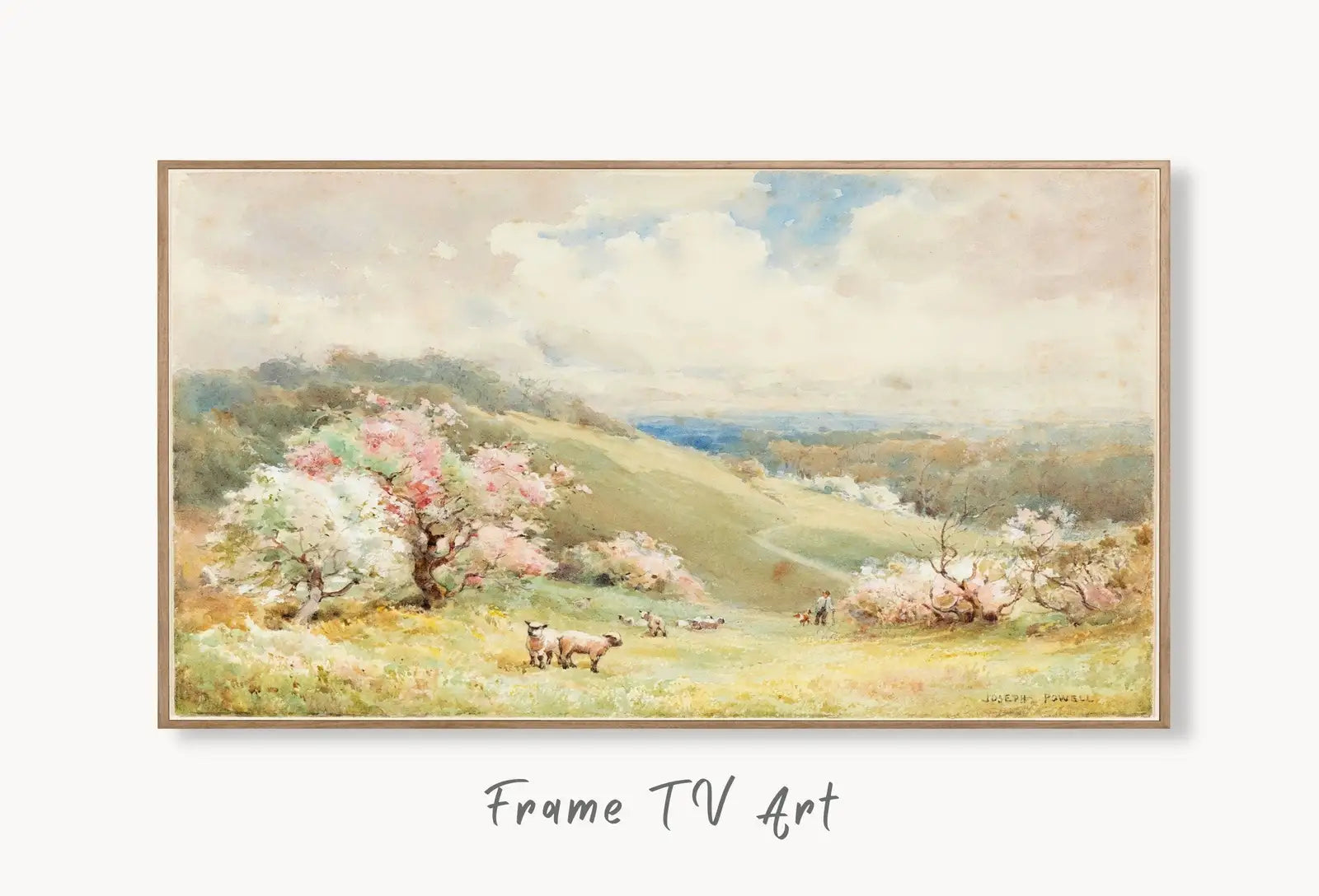 Samsung Frame TV Art 4K Vintage Spring Landscape Painting. Instant Download Colorful Spring Art for the Frame TV. Landscape Art for TV displayed on Samsung Frame TV on a living room wall.