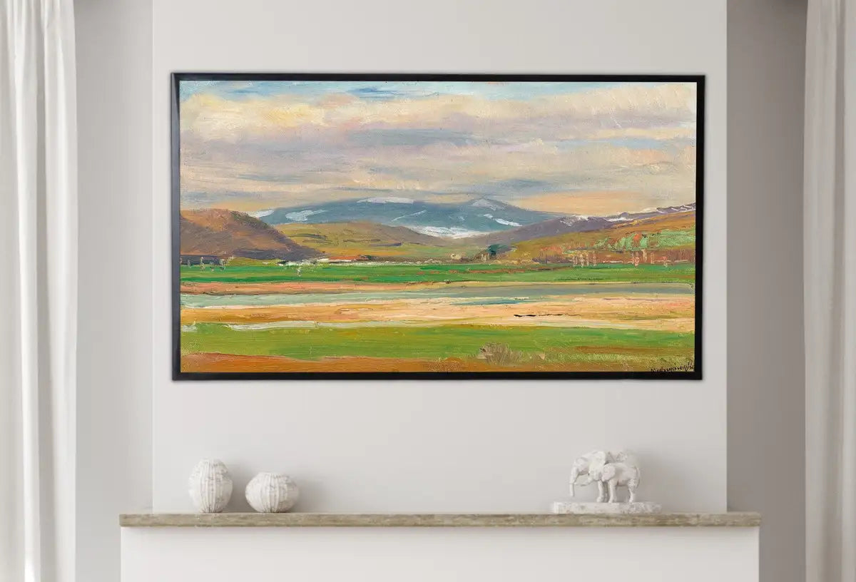 Detail view of artwork from Samsung Frame TV Art 4K Vintage Spring Mountain Landscape Painting. Instant Download Spring Meadow Wall Art for Frame TV. Vintage Wall Art. (variation 2)