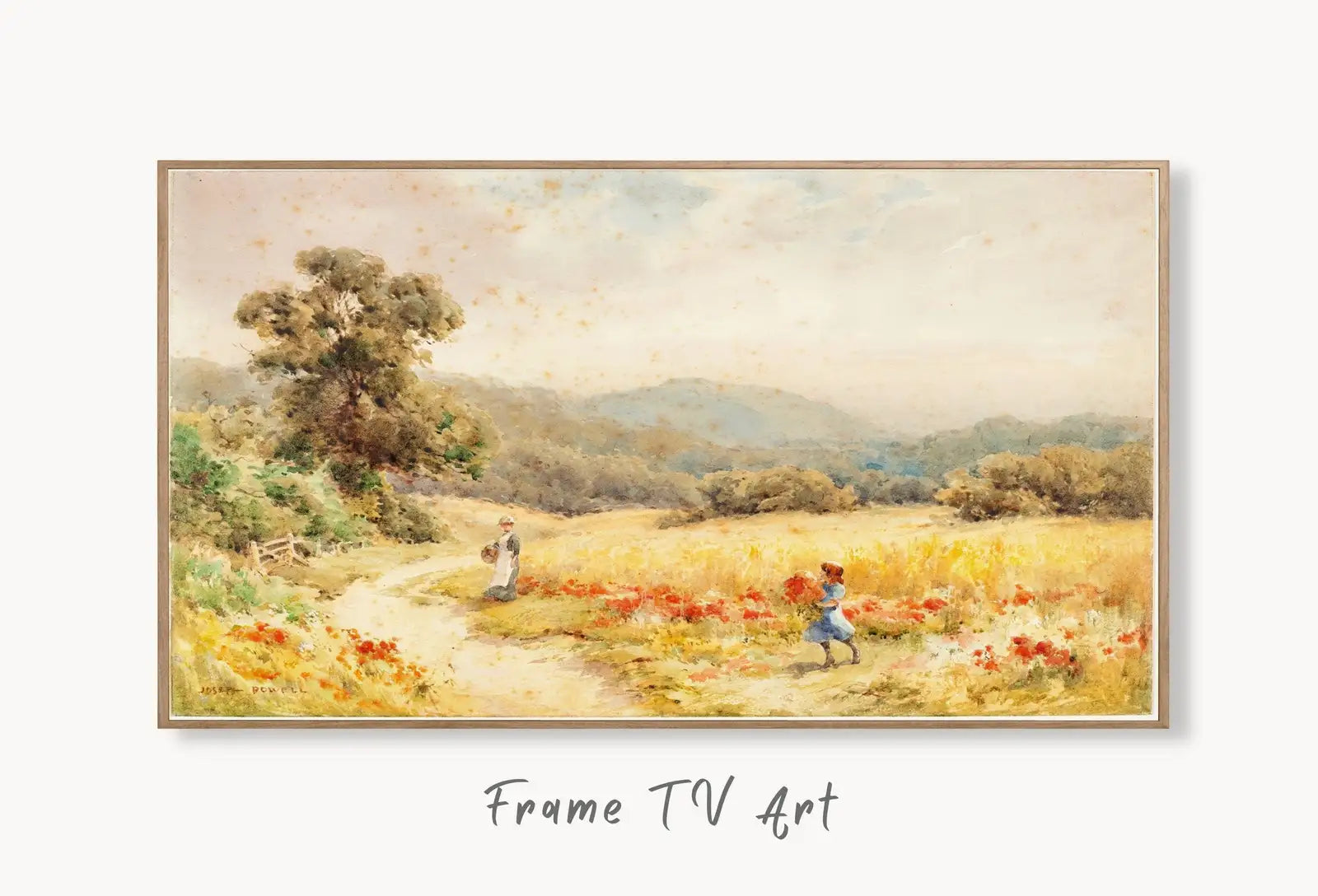 Samsung Frame TV Art 4K Vintage Summer Landscape Painting. Instant Download Colorful Summer Art for the Frame TV. Landscape Art for TV displayed on Samsung Frame TV on a living room wall.