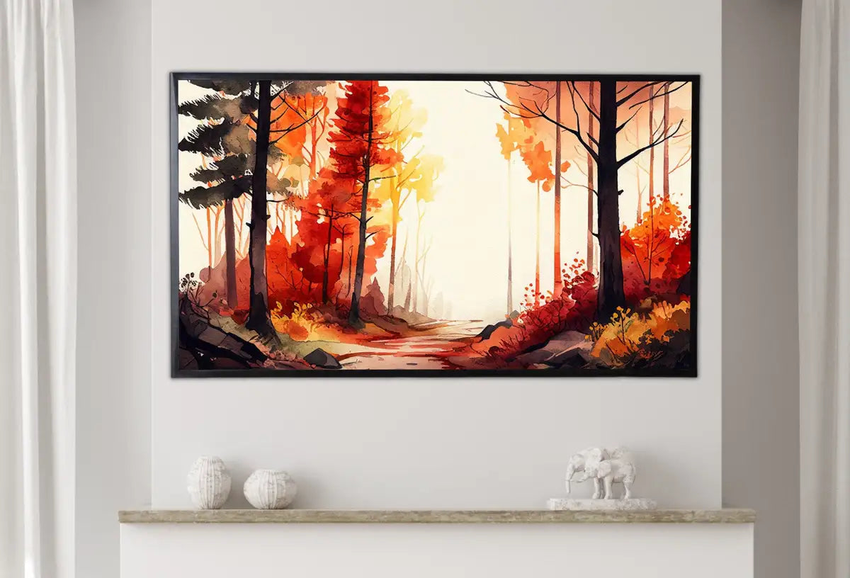 Detail view of artwork from Samsung Frame TV Art 4K Watercolor Fall Forest Landscape Digital Painting. Instant Download Autumn Forest Art for Samsung Frame TV. TV Art. (variation 2)