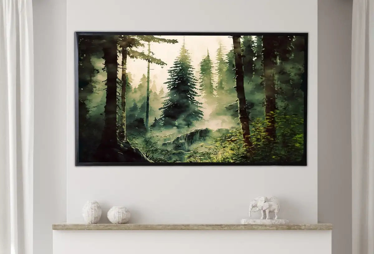 Detail view of artwork from Samsung Frame TV Art 4K Watercolor Forest Landscape Digital Painting. Instant Download. Dense Forest Art for Samsung Frame TV. Art for TV. (variation 2)