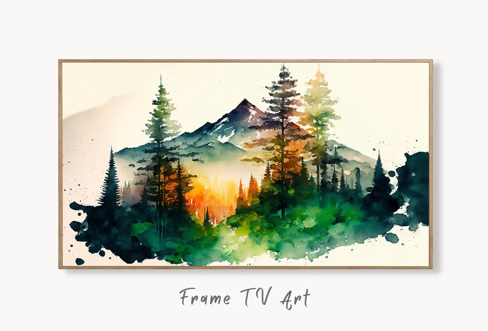 Samsung Frame TV Art 4K Watercolor Forest Mountain Landscape Digital Painting. Instant Download Forest Art for Samsung Frame TV. Art for TV displayed on Samsung Frame TV on a living room wall.